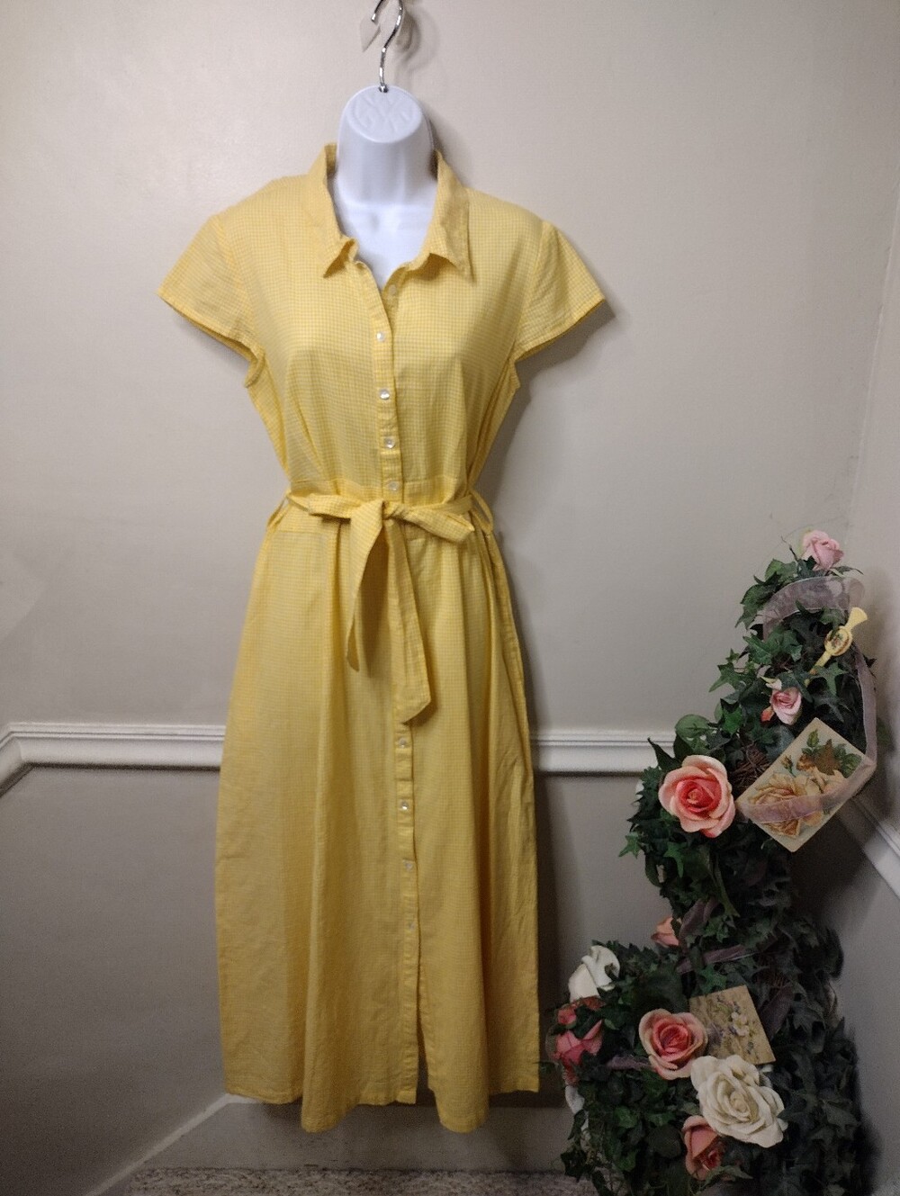 April Cornell Retro Yellow & White Gingham Button Front, Tie Waist Midi Dress